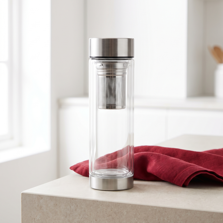 Borosilicate Glass Tea Infuser Bottle 420ml Double Wall Insulated Water Bottle - Silver