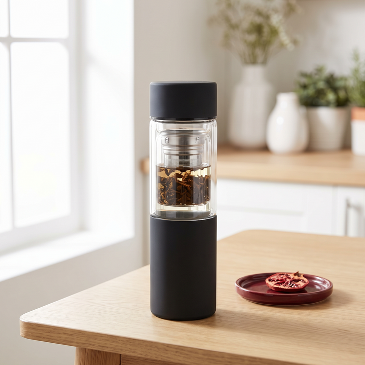 Borosilicate Glass Tea Infuser Bottle 420ml Double Wall Insulated Water Bottle - Black