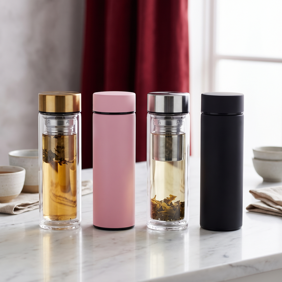 Borosilicate Glass Tea Infuser Bottle 420ml - Gold Pink Silver Black Color Lineup