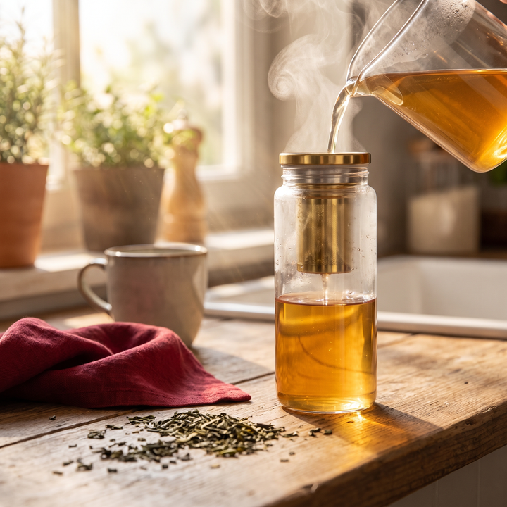 Borosilicate Glass Tea Infuser Bottle 420ml - Gold Lifestyle Kitchen Tea Pour