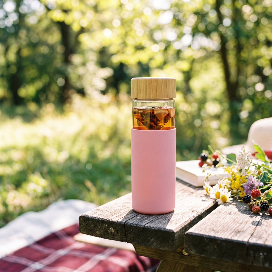 Borosilicate Glass Tea Infuser Bottle 420ml - Pink Lifestyle Outdoor Picnic
