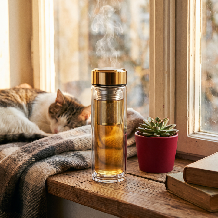 Borosilicate Glass Tea Infuser Bottle 420ml - Gold Lifestyle Windowsill Brewing