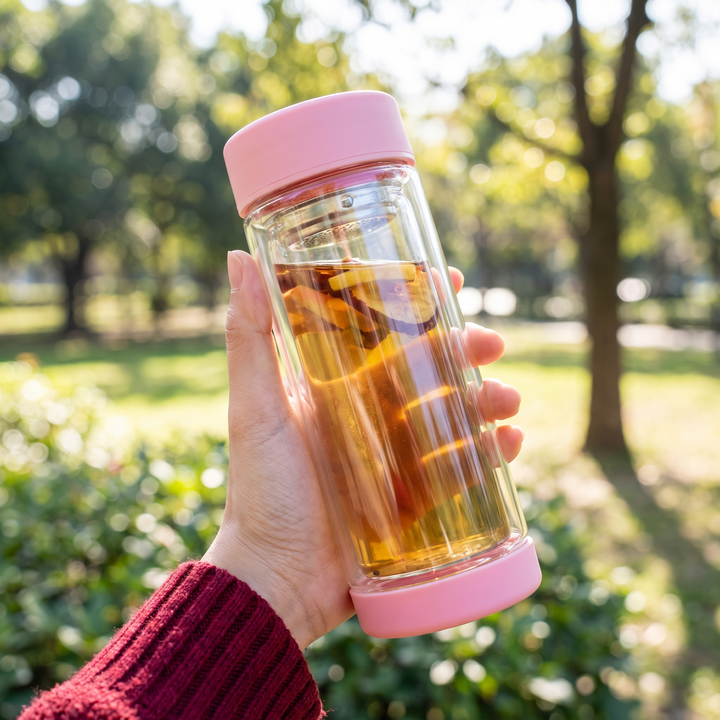 Borosilicate Glass Tea Infuser Bottle 420ml - Pink Lifestyle Outdoor Hand Held