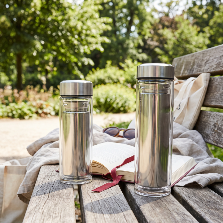 Borosilicate Glass Tea Infuser Bottle 420ml - Silver Lifestyle Park Bench