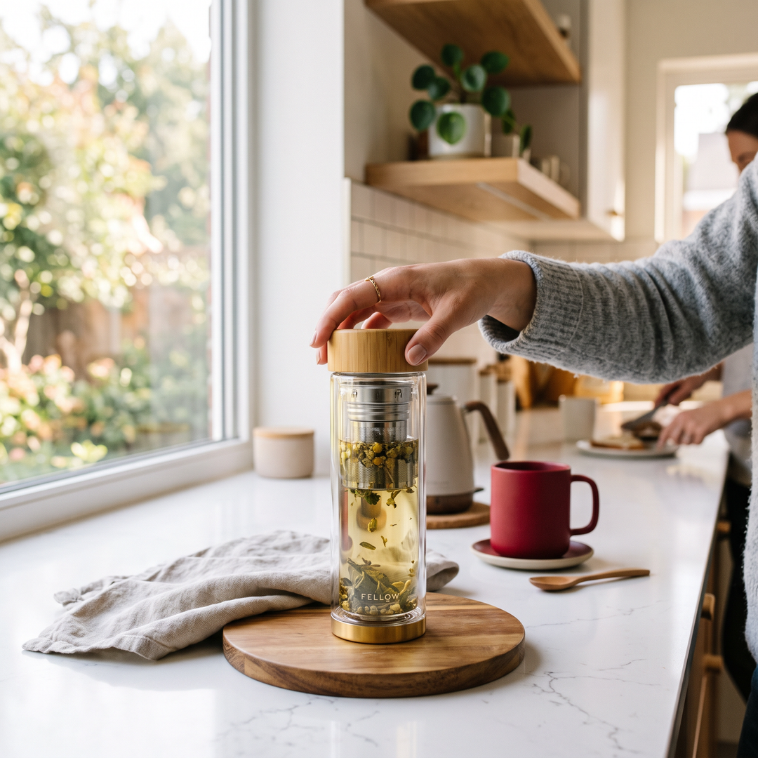 Borosilicate Glass Tea Infuser Bottle 420ml - Gold Lifestyle Morning Routine