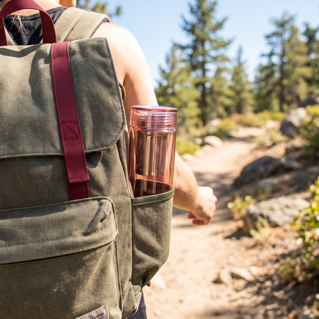 Borosilicate Glass Tea Infuser Bottle 420ml - Pink Lifestyle Hiking Backpack