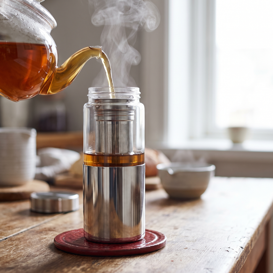 Borosilicate Glass Tea Infuser Bottle 420ml - Silver Lifestyle Pour Steam Close-up