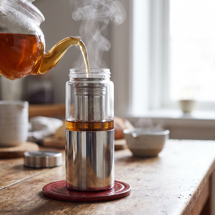 Borosilicate Glass Tea Infuser Bottle 420ml - Silver Lifestyle Pour Steam Close-up