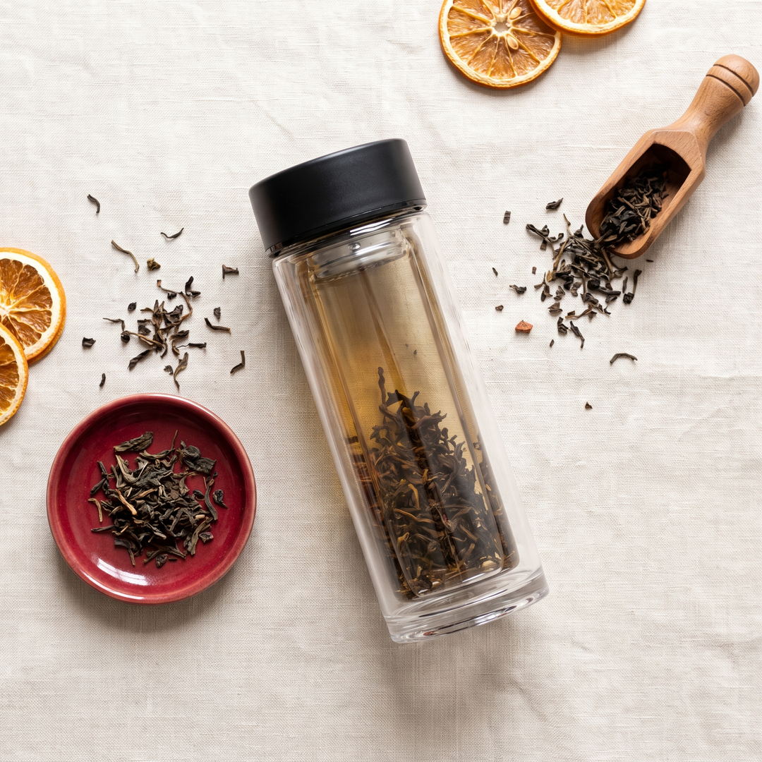 Borosilicate Glass Tea Infuser Bottle 420ml - Black Lifestyle Flat Lay Tea Leaves