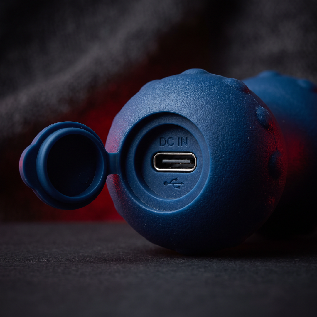 Rechargeable Vibrating Massage Ball Peanut Massager 5 Speed Foam Roller for Muscle Recovery Mobility Fitness Yoga Relaxation Portable - Style B Blue Charging Port Close-Up