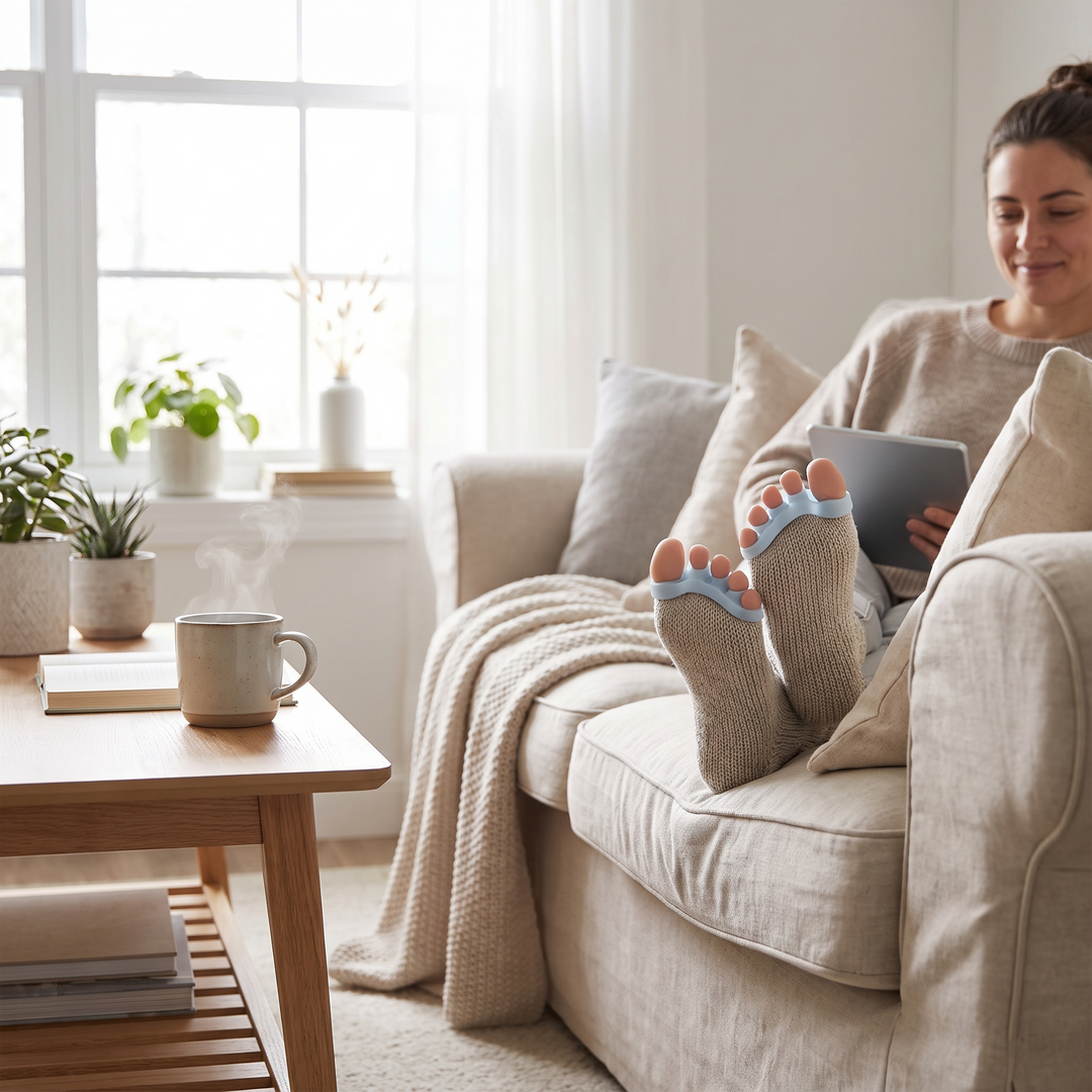 Person Relaxing at Home with Feet Up Wearing Silicone Toe Spacers