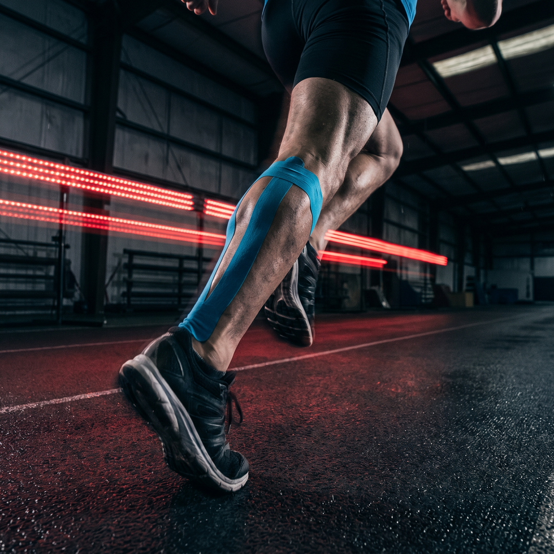 Kinesiology Tape Support for Leg During Sprint Training - Blue