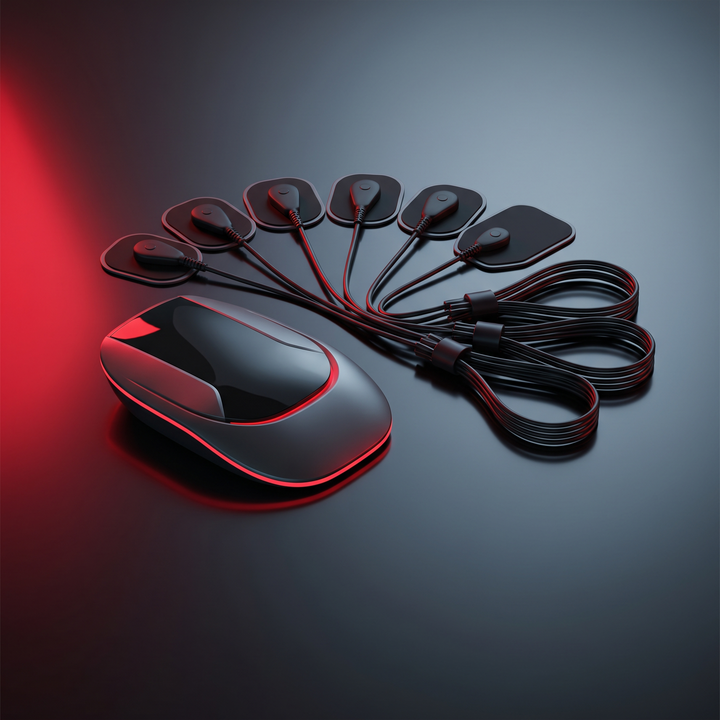 EMS Muscle Stimulation and Relaxation Device - Detail View with Electrode Pads and Cables