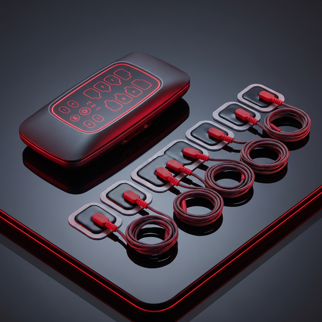 EMS Muscle Stimulation and Relaxation Device - Detail View with Electrode Pads and Cables
