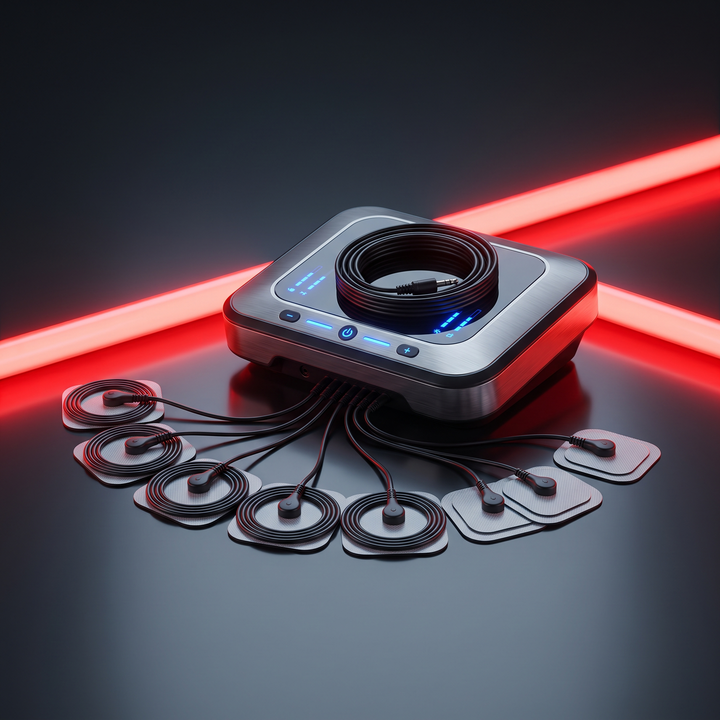 EMS Muscle Stimulation and Relaxation Device - Detail View with Electrode Pads and Cables
