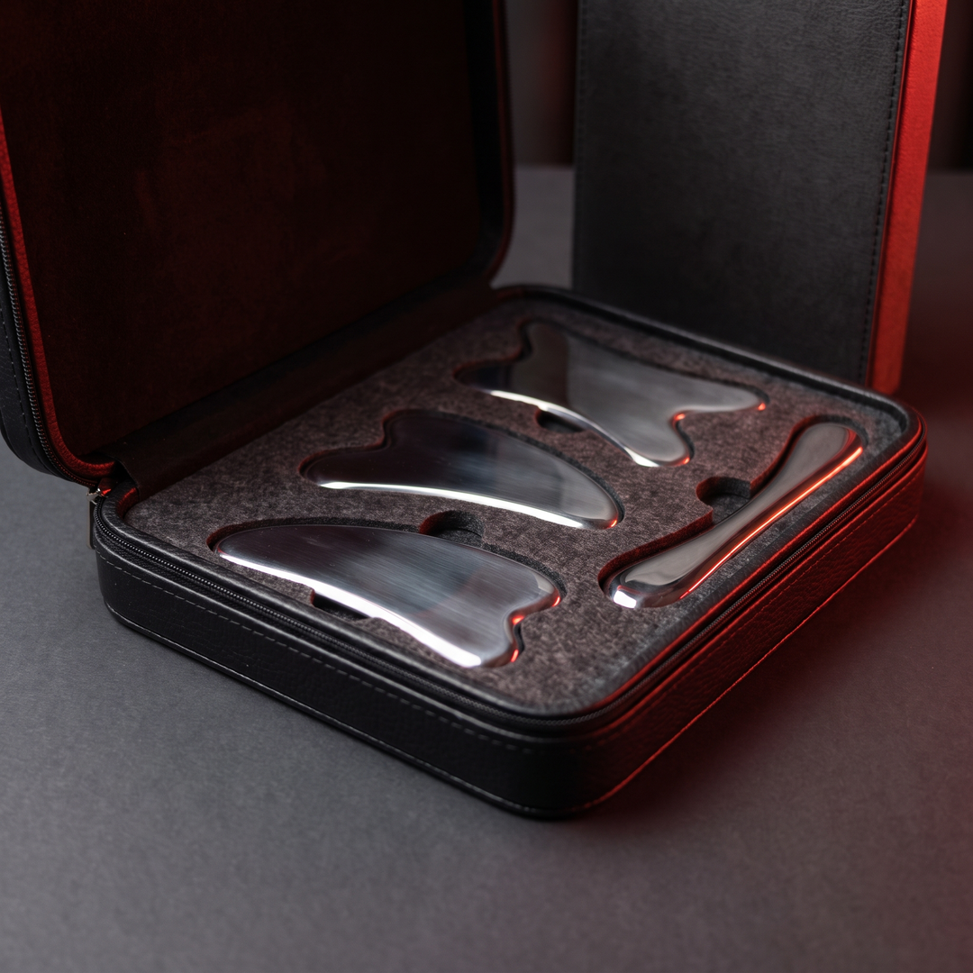 Stainless Steel Gua Sha Tool Set - Carrying Case Open with Tools