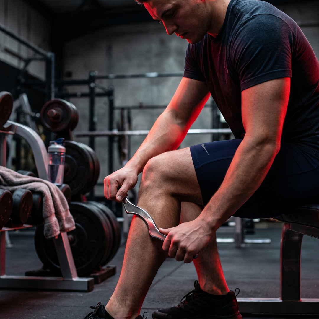 Stainless Steel Gua Sha Tool in Use - Calf Muscle Recovery