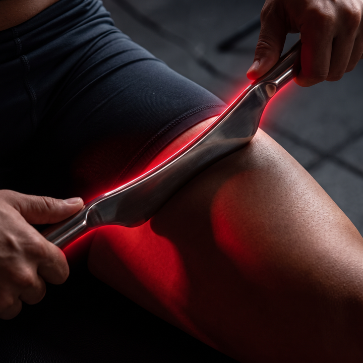 Stainless Steel Gua Sha Tool in Use - IT Band Muscle Recovery