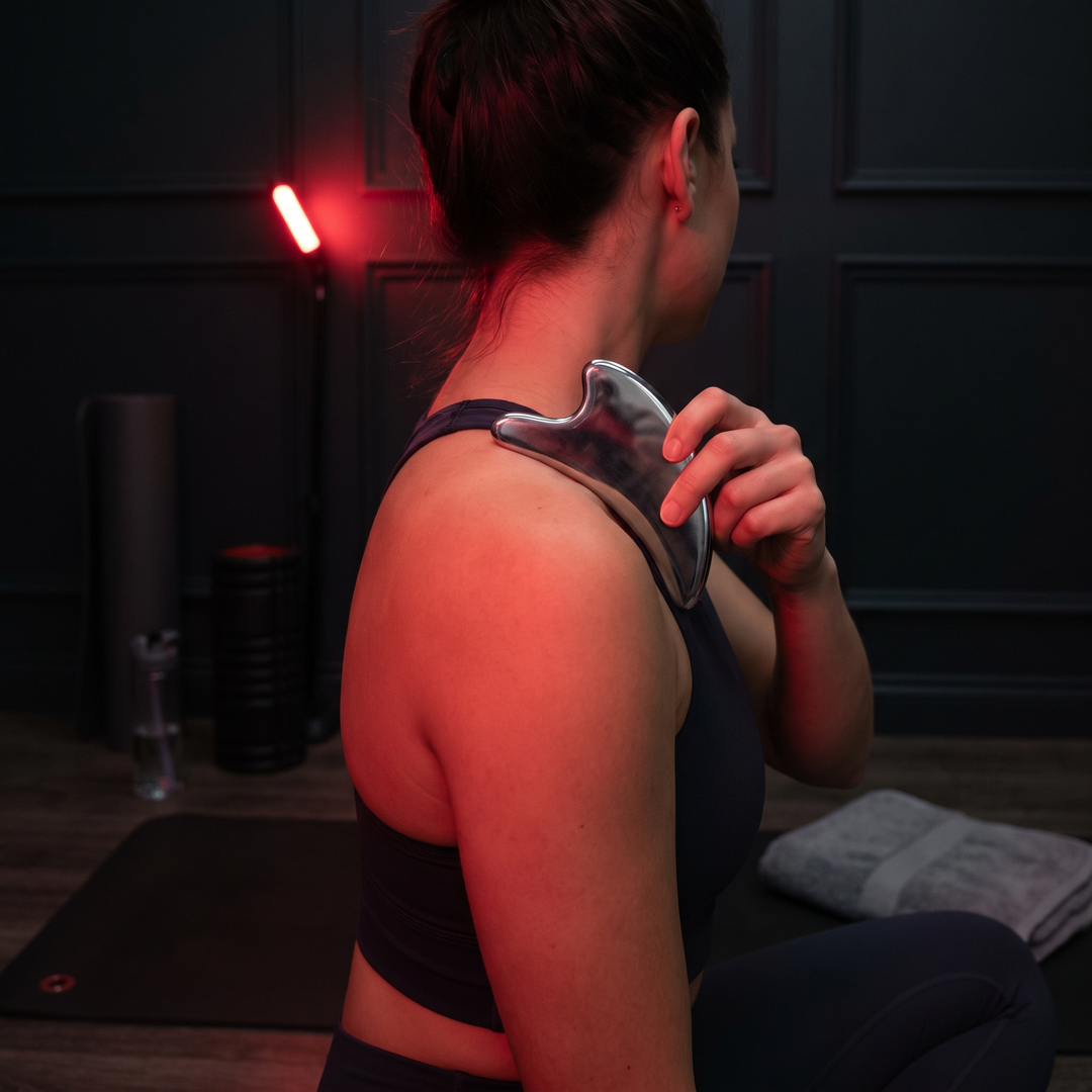 Stainless Steel Gua Sha Tool in Use - Neck and Trapezius Muscle Recovery