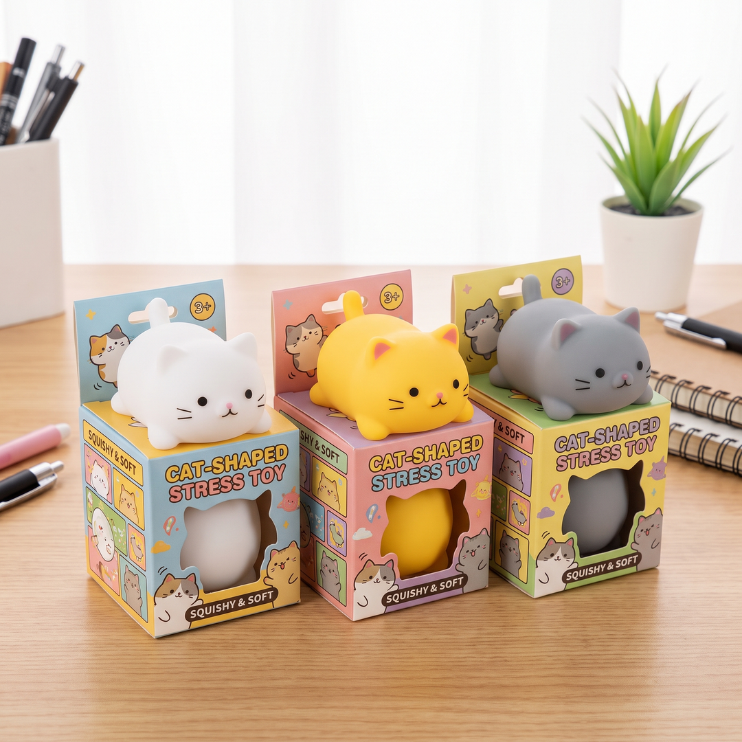 Cat Squishy Stress Relief Fidget Toy - White Yellow Grey Packaging