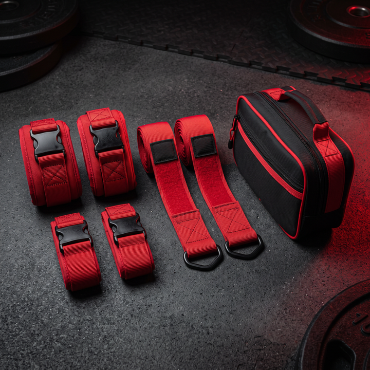 BFR Blood Flow Restriction Training Bands for Strength and Muscle Training - Full Bundle Red with Extra Wraps