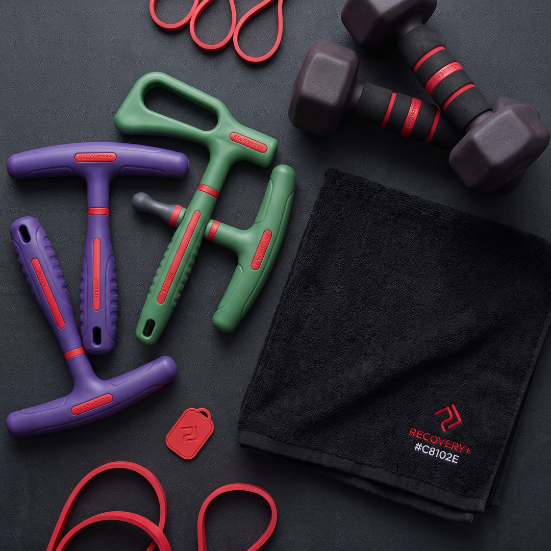 Purple and Green Trigger Point Massage Tools Flat Lay with Gym Gear