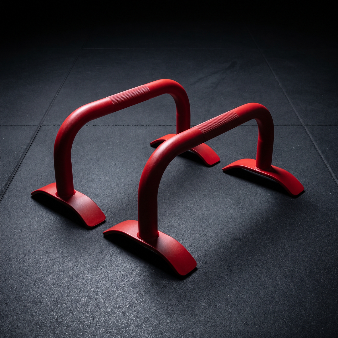 Professional Parallel Bars Push Up Handstand Bars Wooden Steel Grip Antiskid Bracket Rack for Muscle Strength Training Home Gym Workout Exercise Equipment - Style 2 Red Angle View