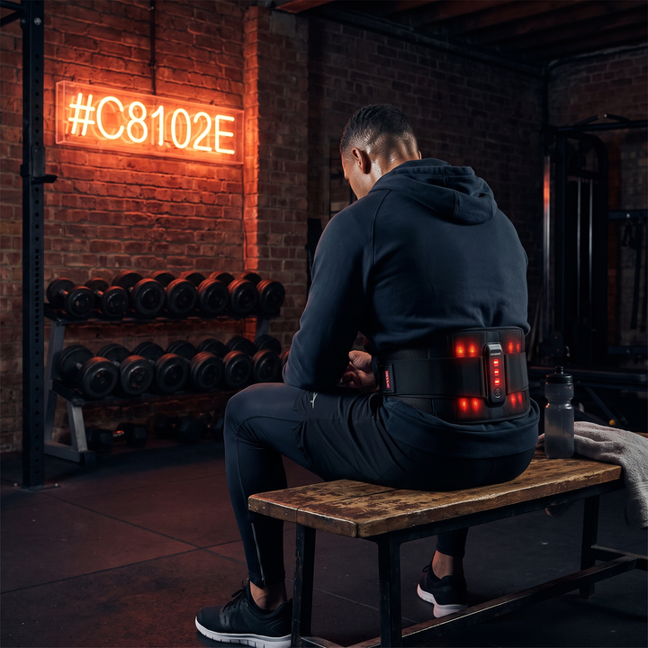 Athlete using Electric Waist Massager Belt for recovery in dark gym