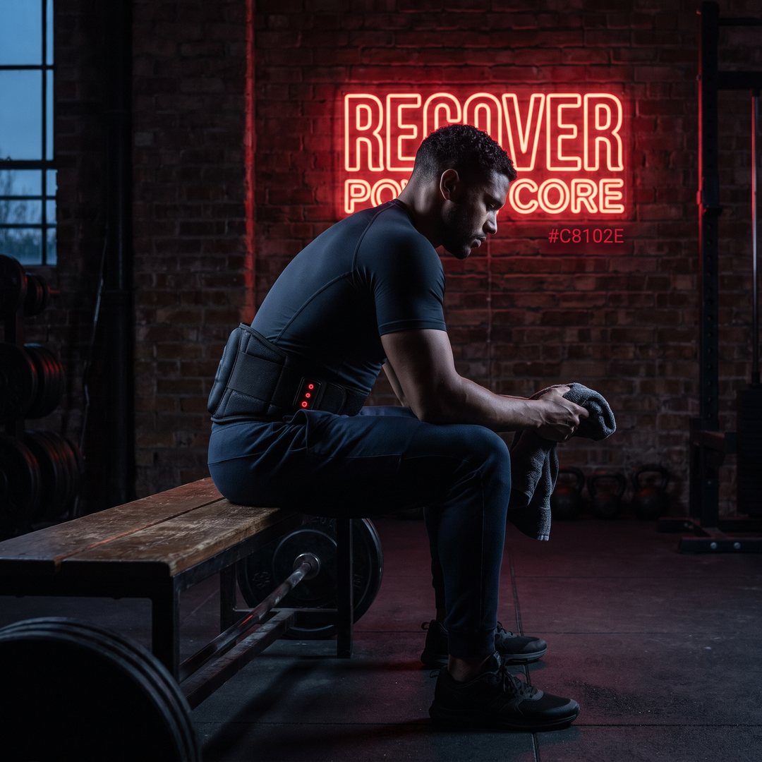 Person wearing Electric Waist Massager Lumbar Support Belt during post-workout recovery