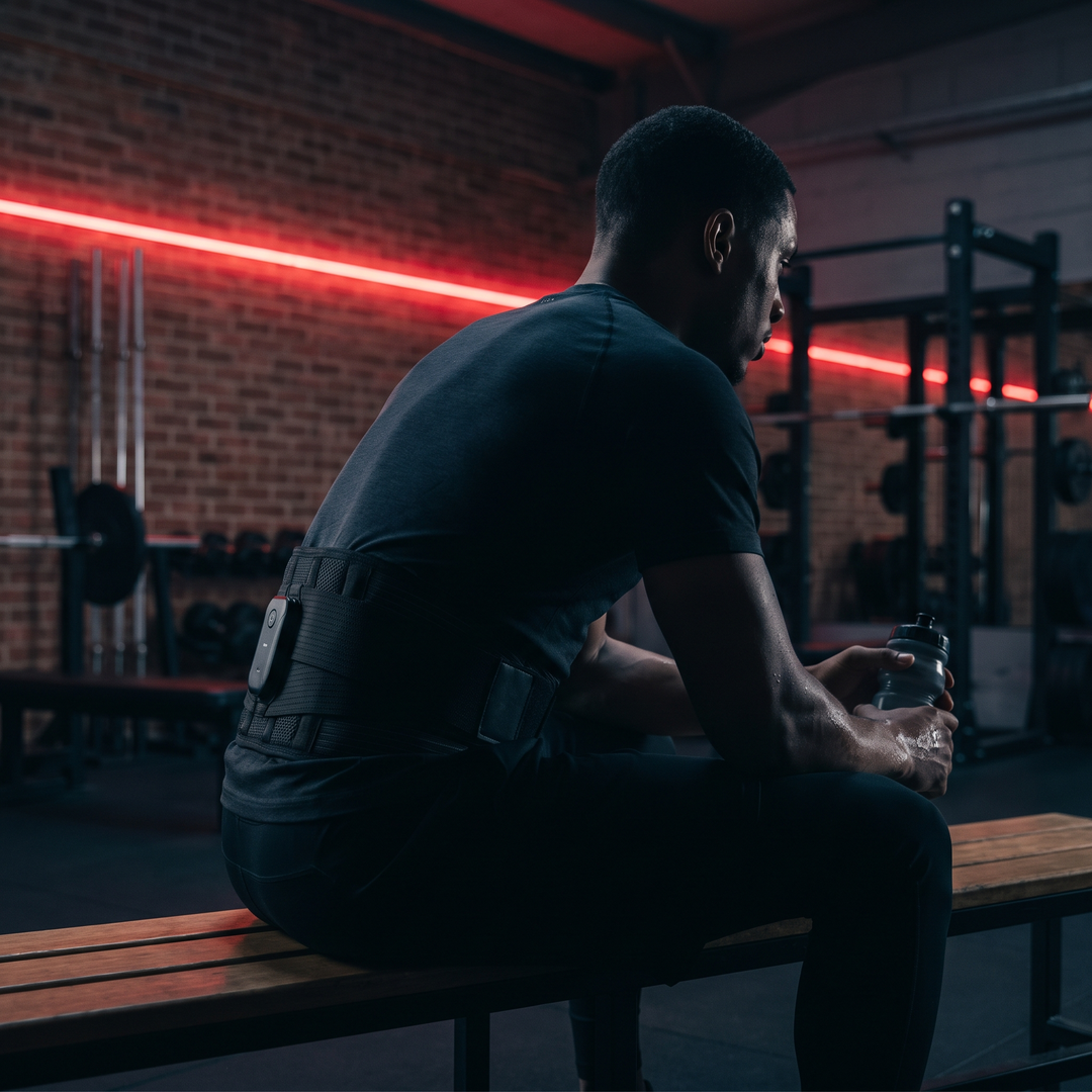 Person wearing Waist Massager Belt lifestyle recovery shot