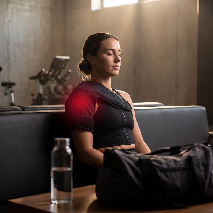 Red Light Therapy Heating Pad in Use on Shoulder for Muscle Warmth and Recovery