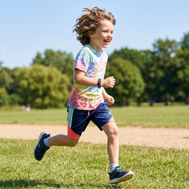 Kids Fitness Tracker Watch - child wearing blue tracker while running outdoors