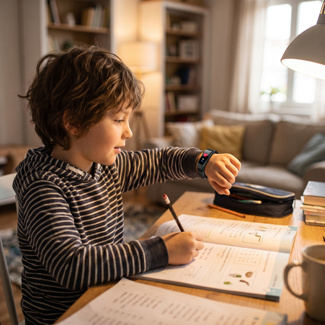 Kids Fitness Tracker Watch - child wearing black tracker while doing homework