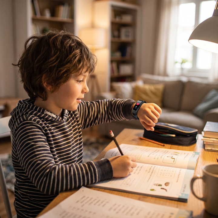 Kids Fitness Tracker Watch - child wearing black tracker while doing homework