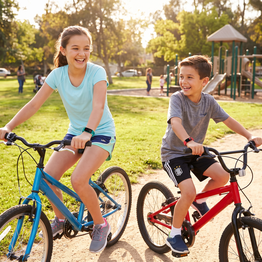 Kids Fitness Tracker Watch - siblings wearing green and red trackers biking outdoors