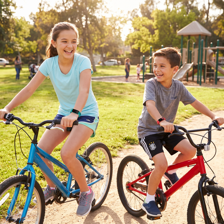 Kids Fitness Tracker Watch - siblings wearing green and red trackers biking outdoors
