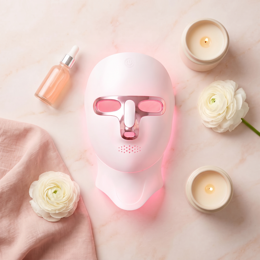 PHYSIOATHLETX LED Face &amp; Neck Mask – circular beauty flat lay