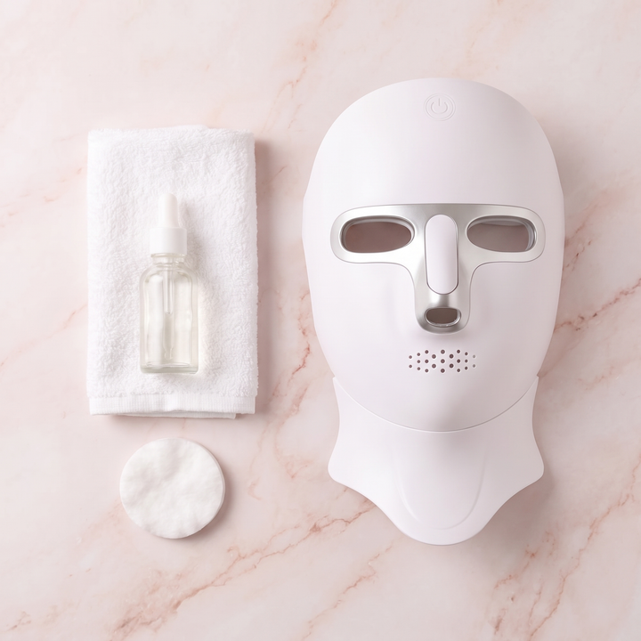 PHYSIOATHLETX LED Face &amp; Neck Mask – cleansing step flat lay