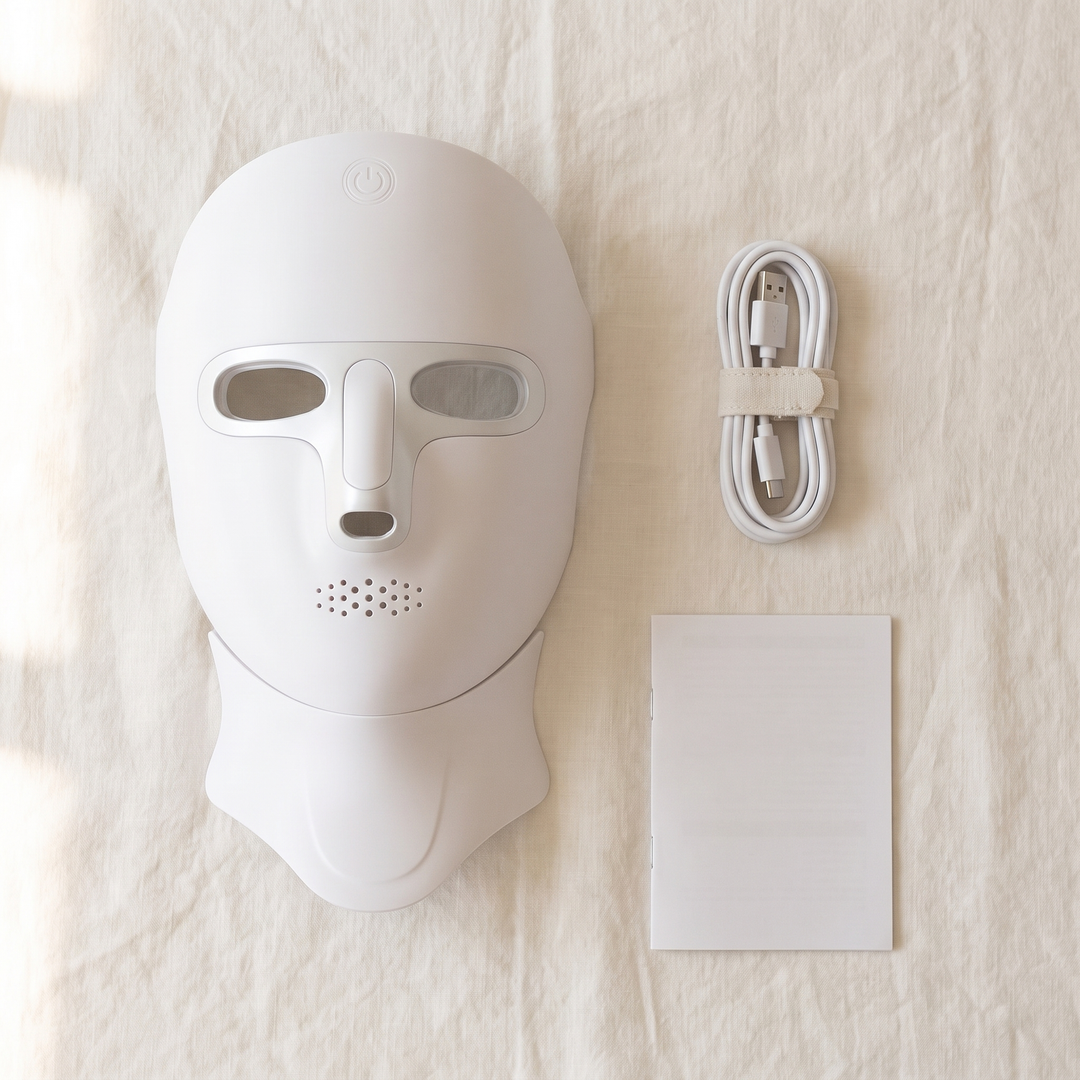 PHYSIOATHLETX LED Face &amp; Neck Mask – package contents flat lay