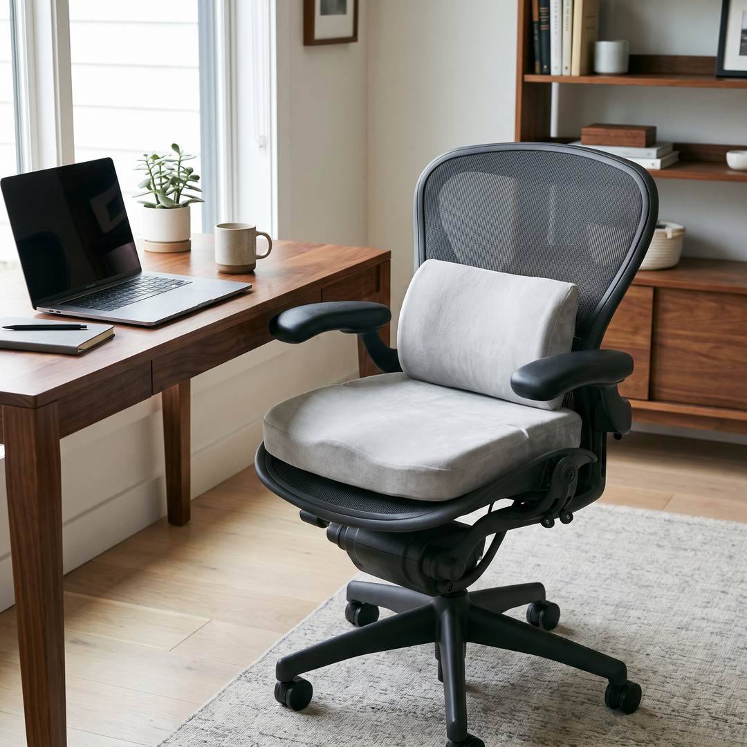 Light grey memory foam seat and lumbar cushion set on a home office desk chair