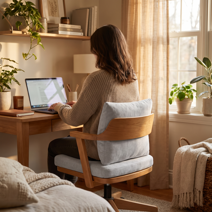 Person seated at a home office desk with light grey seat and lumbar cushion set installed
