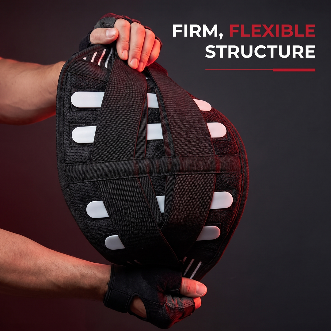 Lumbar belt flexed to show firm, flexible structure