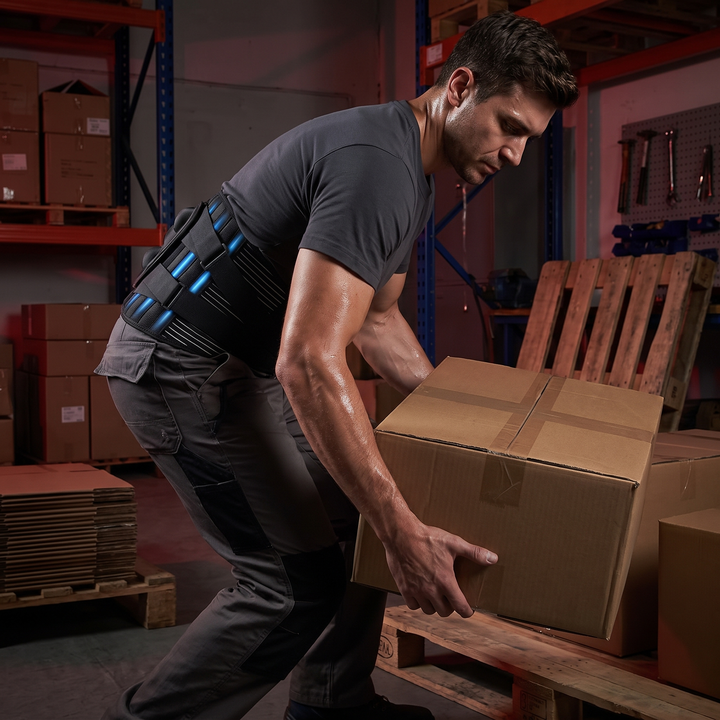 Wearing the lumbar support belt while lifting a box at work