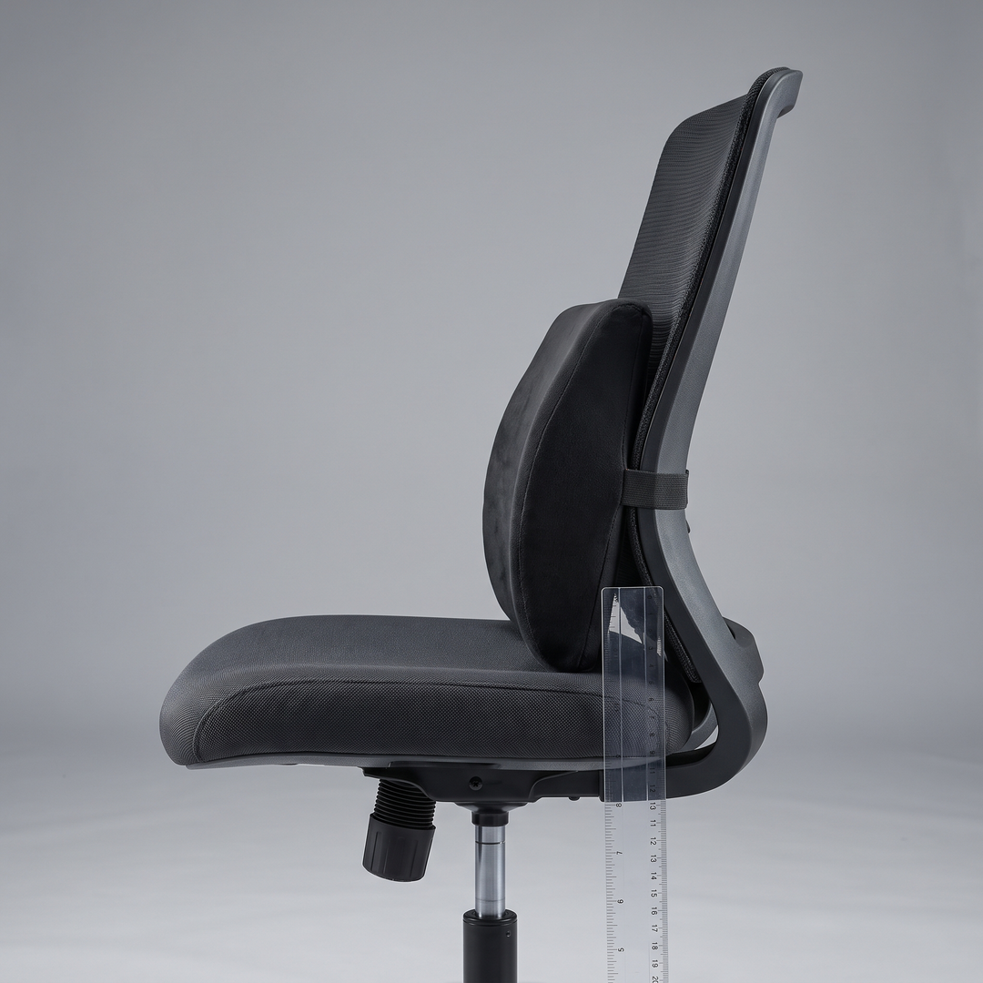 Lumbar cushion size reference shown on an office chair backrest