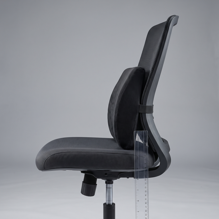 Lumbar cushion size reference shown on an office chair backrest