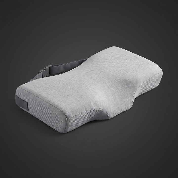 Light grey ergonomic lumbar support cushion with adjustable strap