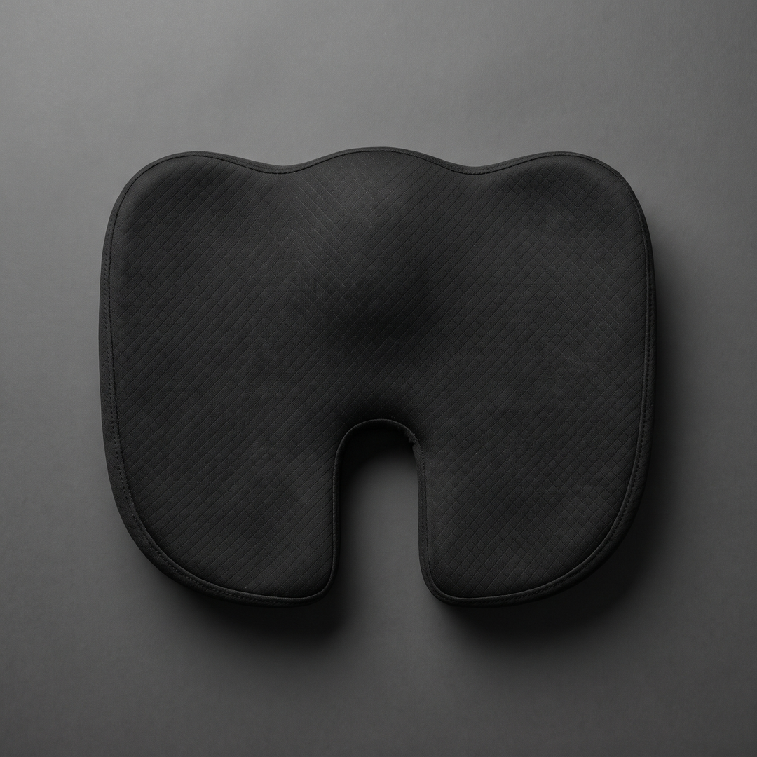 Top view of black memory foam seat cushion with contour cutout