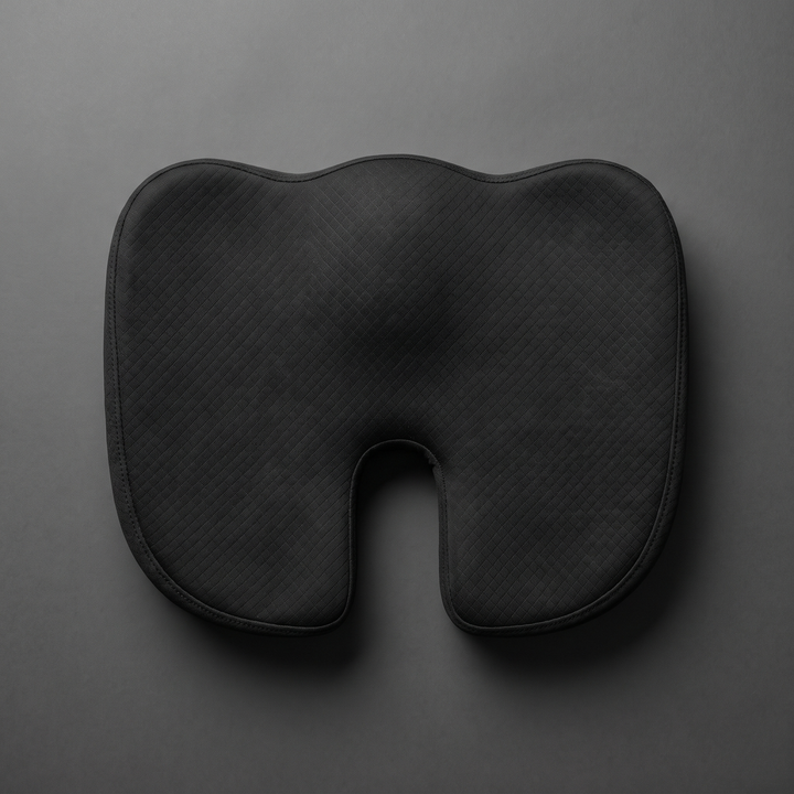 Top view of black memory foam seat cushion with contour cutout