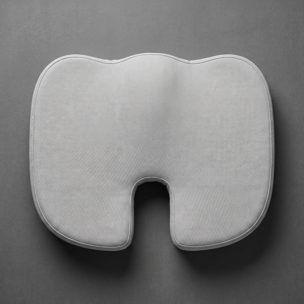 Top view of light grey memory foam seat cushion with contour cutout