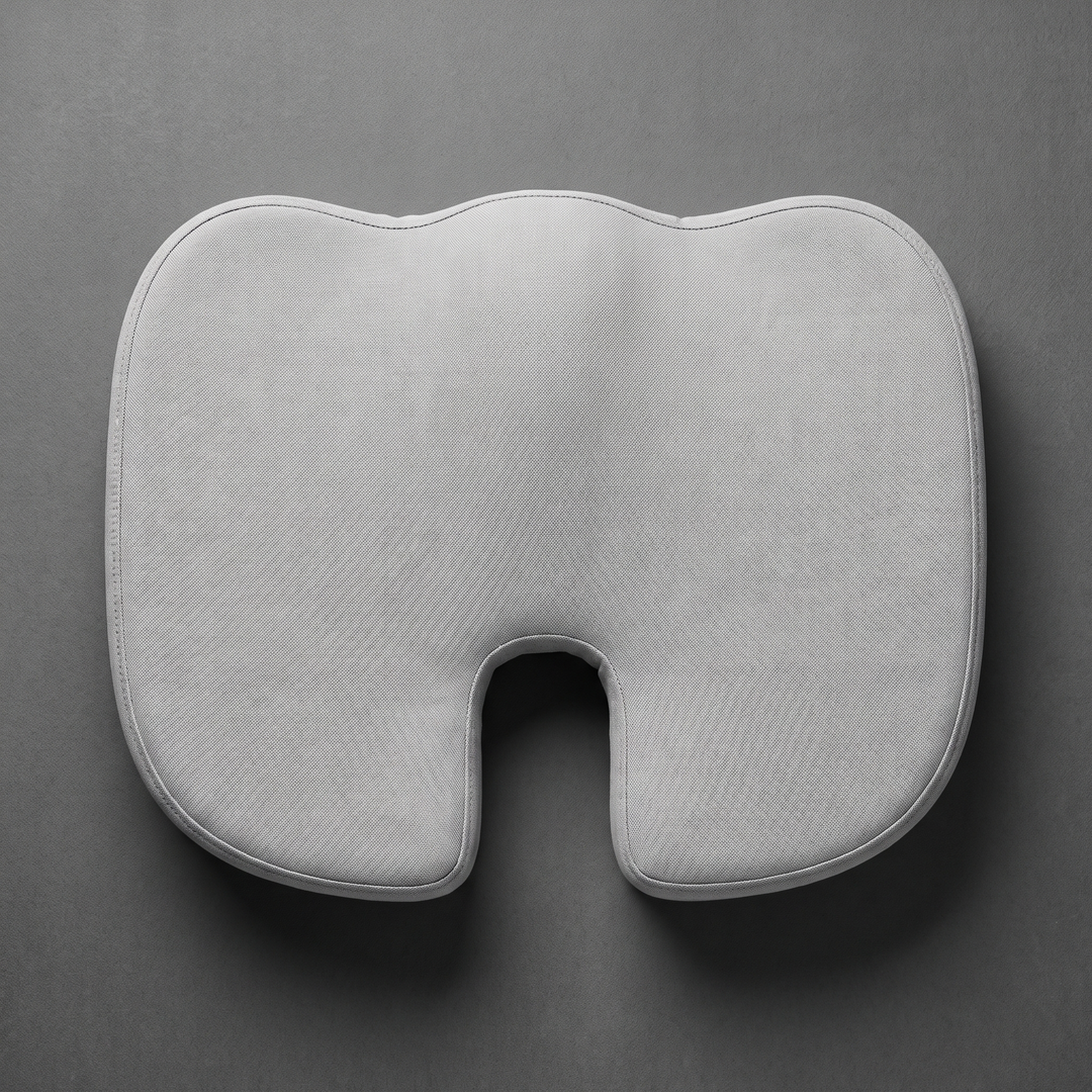 Top view of light grey memory foam seat cushion with contour cutout